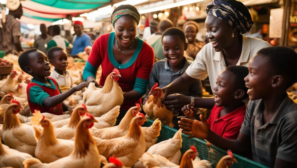 A family selecting chicken for chrismas from the chicken market